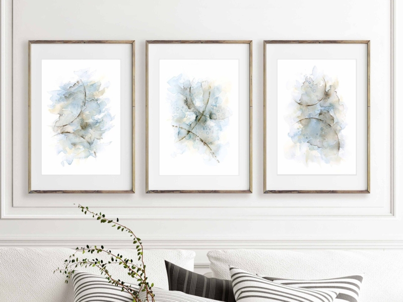 Matted Wall Art Triptych, Abstract Watercolor in Wood Frames