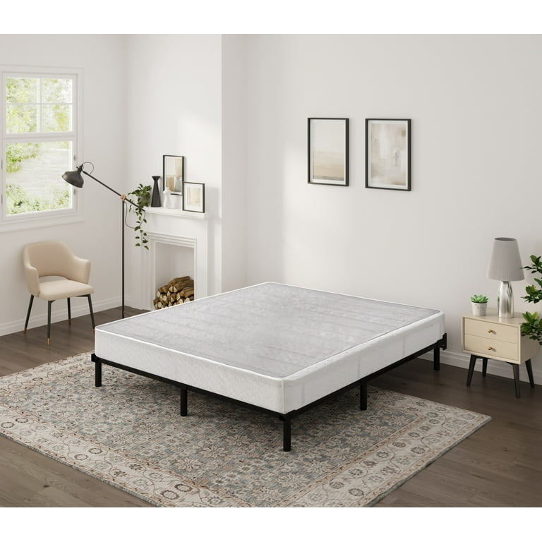 Mattress Foundation, White Fabric Cover with Black Metal Legs.