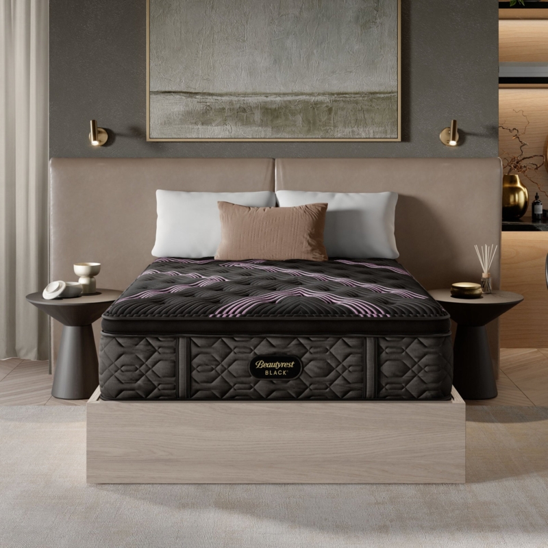 Mattress Purple Geometric Ticking Panelled Headboard Black