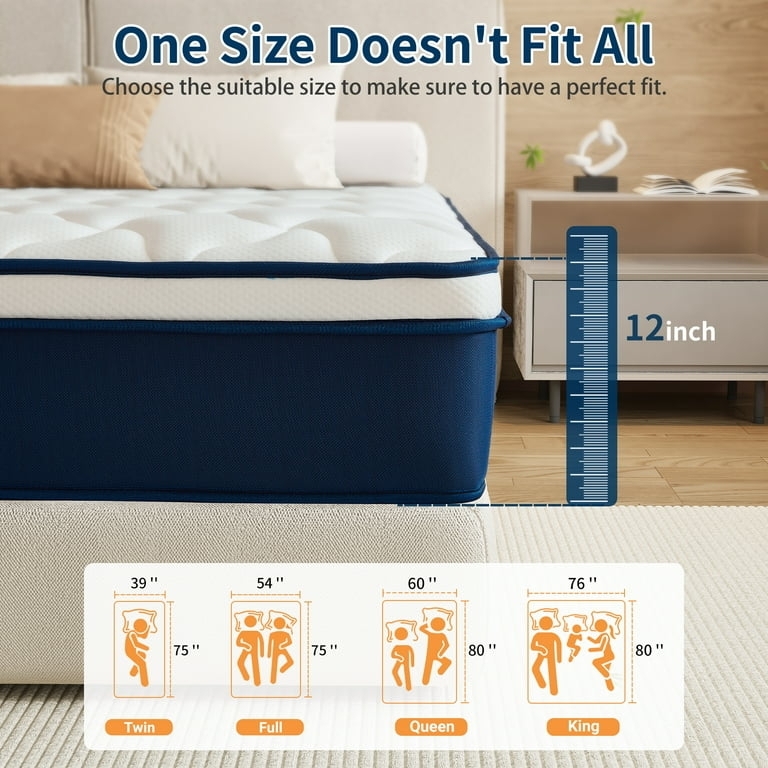 Mattress with Navy Blue Base and 12 Inch Hybrid Profile Guide