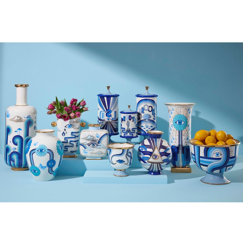 Maximalist Porcelain Vases: Psychedelic Imagery with Gold Rims.