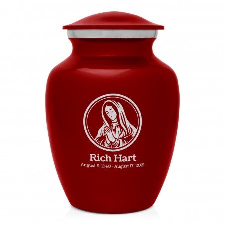 Memorial Urn Mother Mary Engraving Silver Accent Band Ruby Red Design