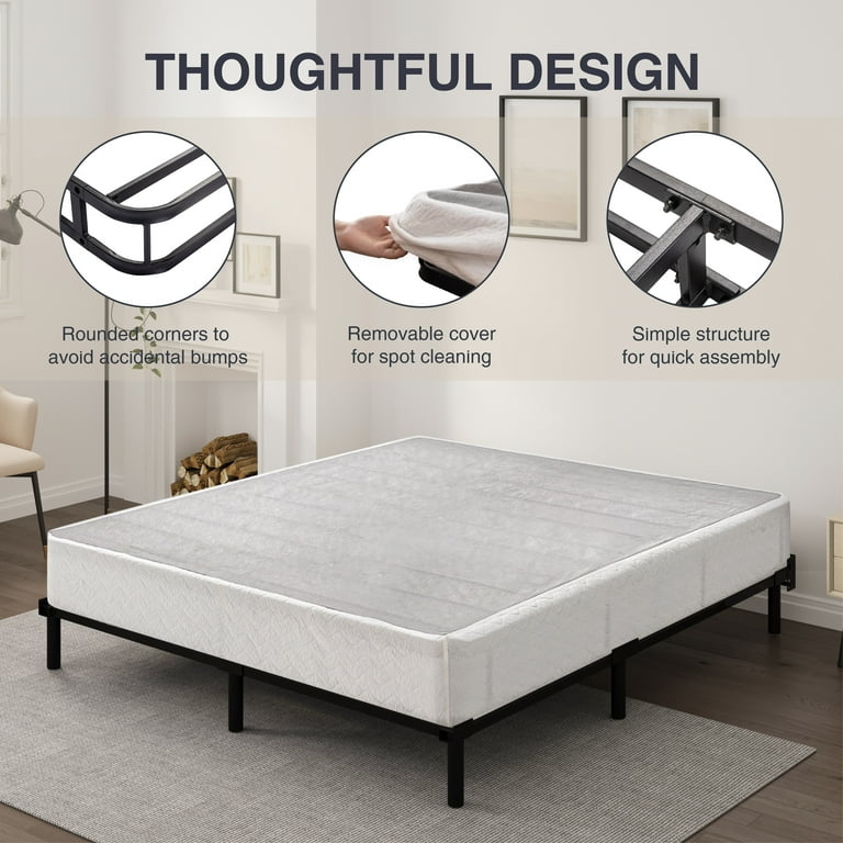 Metal Bed Foundation, Rounded Corners, Removable Grey Fabric Cover.