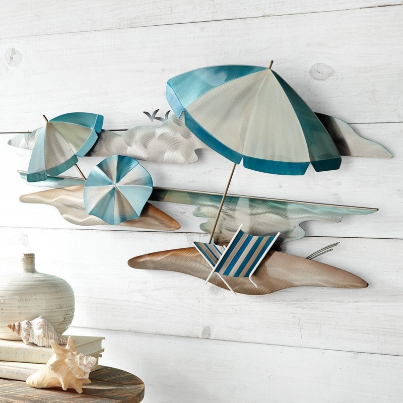 Metal Wall Art 3D Sculptural Striped Beach Umbrellas Brushed Finish
