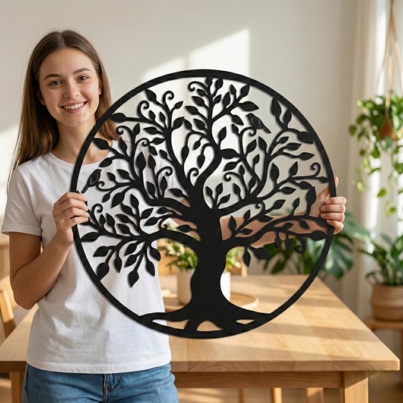 Metal Wall Art: Circular Tree of Life Motif, Bird Accents, Matte Black