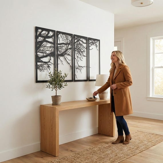 Metal Wall Art: Four Panel Design, Tree Silhouette, Minimalist