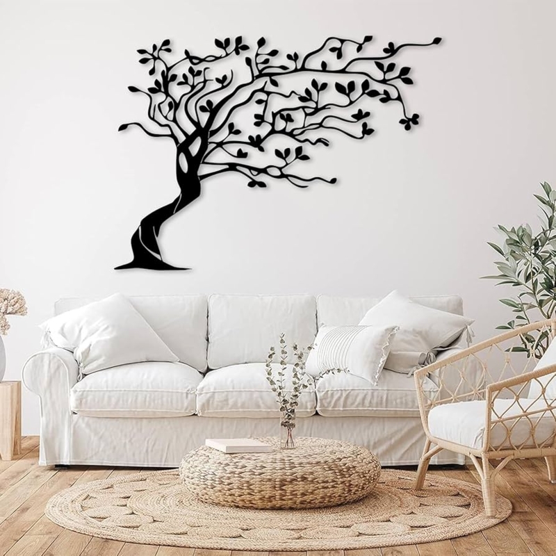 Metal Wall Art Matte Black Tree Silhouette, Large Cutout Design