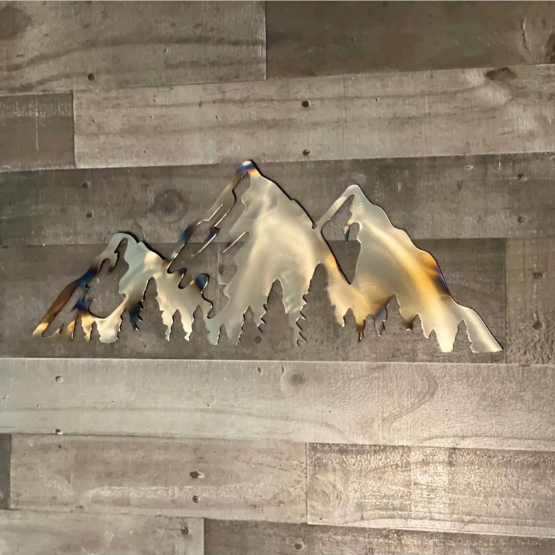 Metal Wall Art: Mountain Silhouette with Heat Tempered Iridescent Edges
