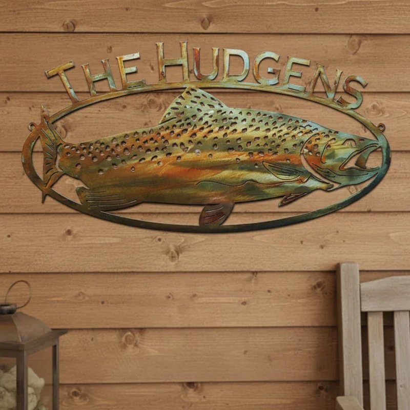 Metal Wall Art Patinated Trout Fish Silhouette Custom Text