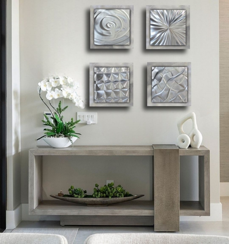 Metal Wall Art Set Contemporary Silver Brushed Textured 3D Relief Grid