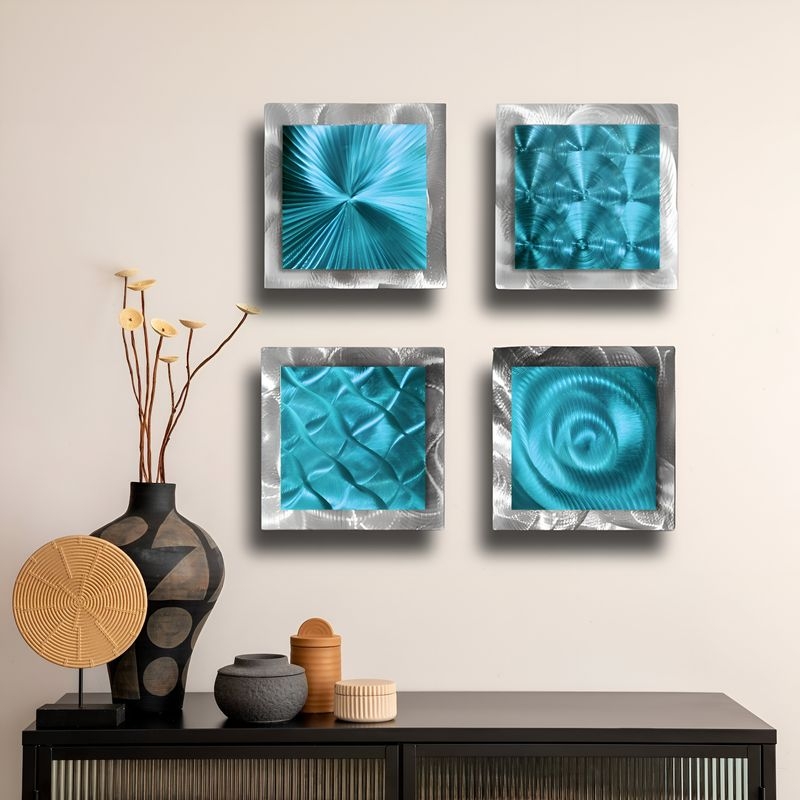 Metal Wall Art Set Teal Metallic Finish Holographic Texture Set Of Four