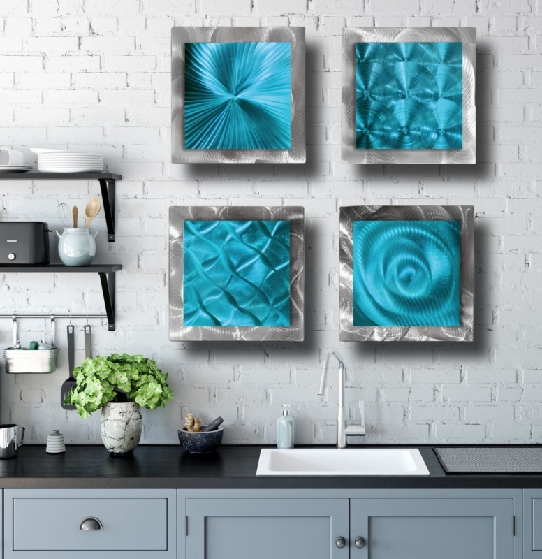 Metal Wall Art Teal Etched Texture Square Grid Arrangement Set