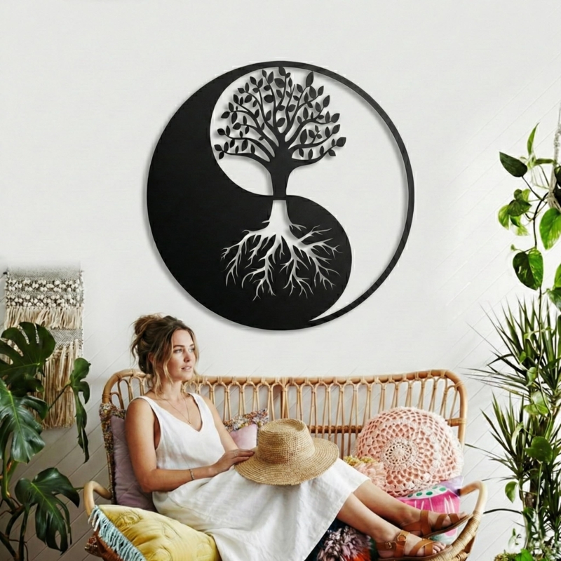 Metal Wall Art: Tree Yin Yang Design, Circular Silhouette, Zen Decor