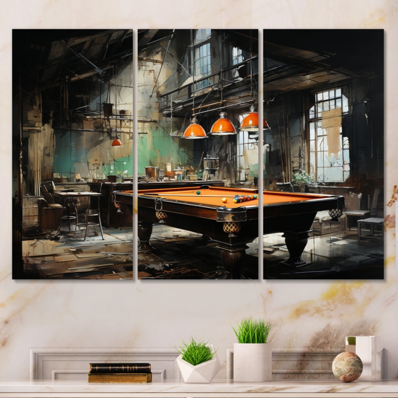 Metal Wall Art: Triptych Industrial Billiard Scene, Burnt Orange Accents