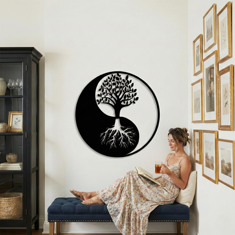 Metal Wall Art: Yin Yang Tree Design, Circular Matte Black Finish