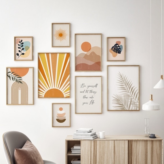 Mid Century Boho Gallery Wall Set of 9 Earth Tone Prints