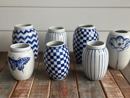 Miniature Vases for Shelf Styling: Blue & White Pattern Variety Set.