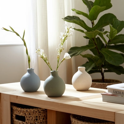 Minimalist Ceramic Bud Vase Set Matte Muted Bulbous Trio