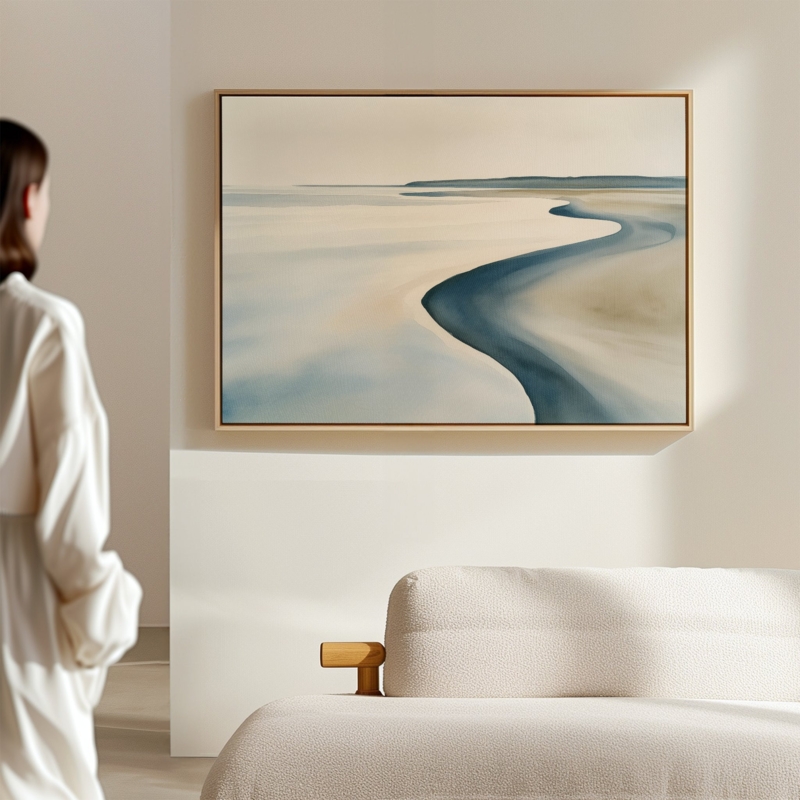 Minimalist Landscape Wall Art, Winding Blue Water Coastal Painting, Framed