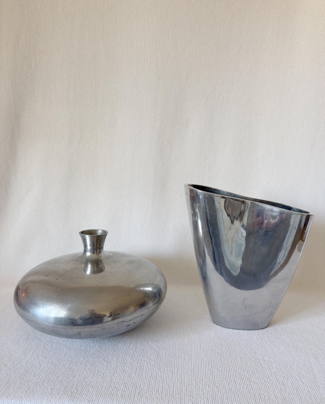 Minimalist Metal Vase Set: Brushed Finish with Asymmetrical Rim.