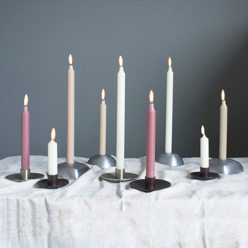Minimalist Taper Candles in Tonal Wax Colors on Mixed Metal Holders