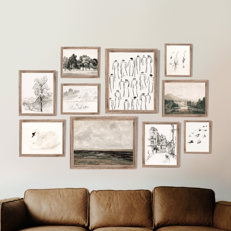 Minimalist Vintage Gallery Wall Set of 10, Sketch Art Prints