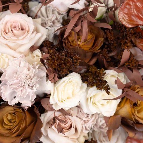 Mixed Floral Arrangement Boho Chic Mocha Palette Ruffled Carnations