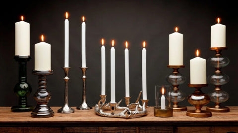 Mixed Metallic Candlestick Display with Antler Design & Lit Flames