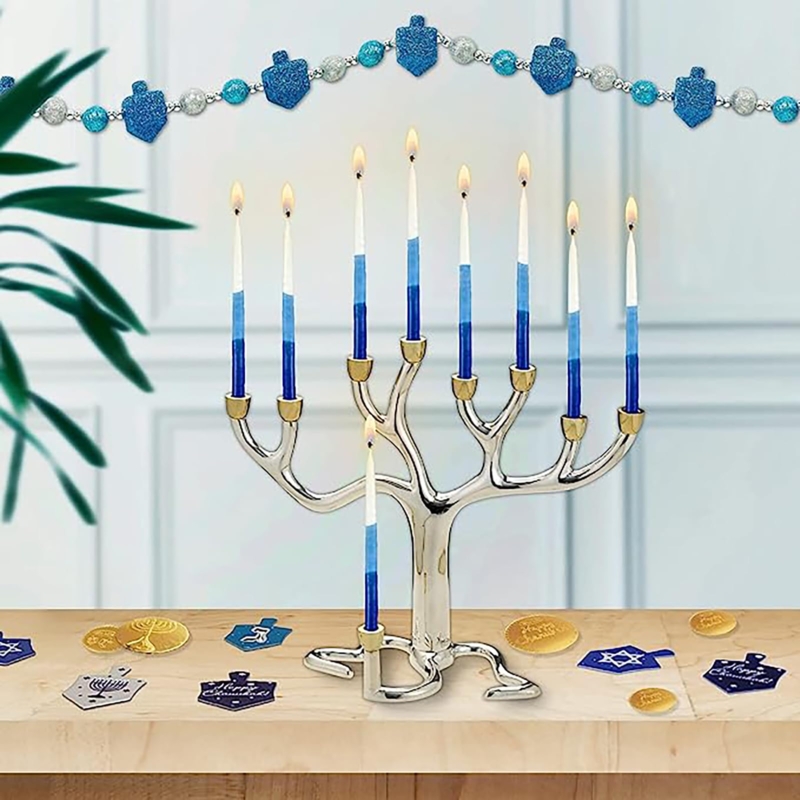 Modern Branch Menorah Display with Blue & White Gradient Candles