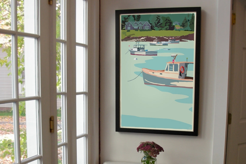Modern Coastal Framed Wall Art Print, Teal Nautical Graphic