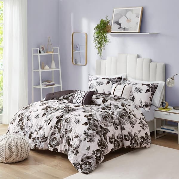 Modern Comforter Set Large Scale Floral Black And White Bedding