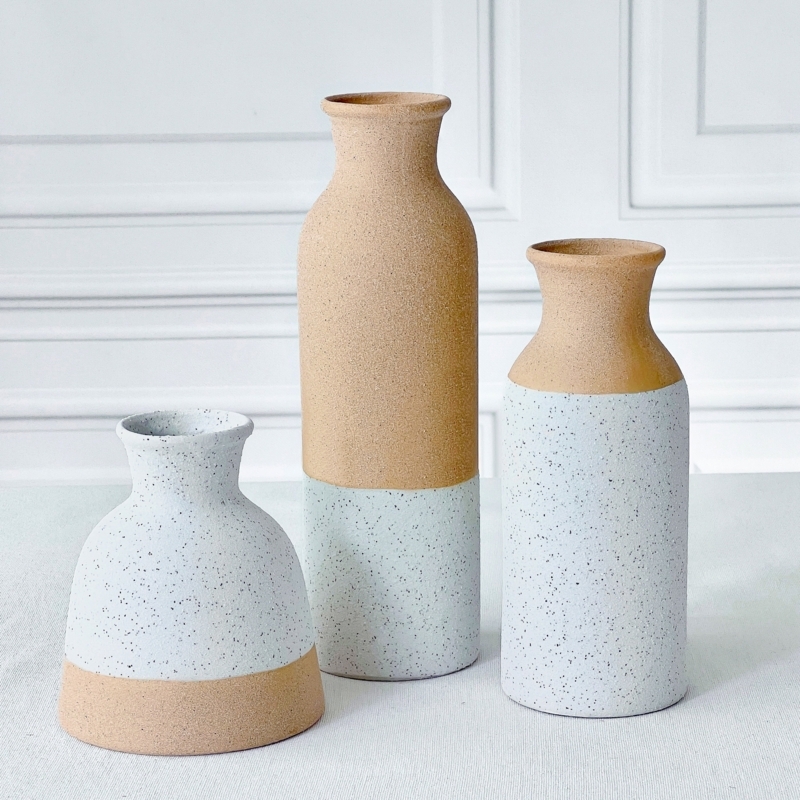 Modern Farmhouse Vase Set of 3 with Two-Tone Speckled Finish for Mantel