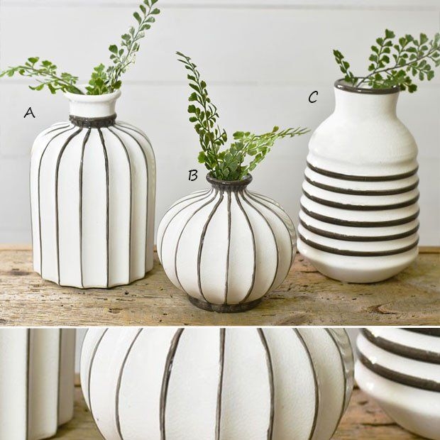 Modern Farmhouse Vase Trio, Ribbed Ceramic with Linework