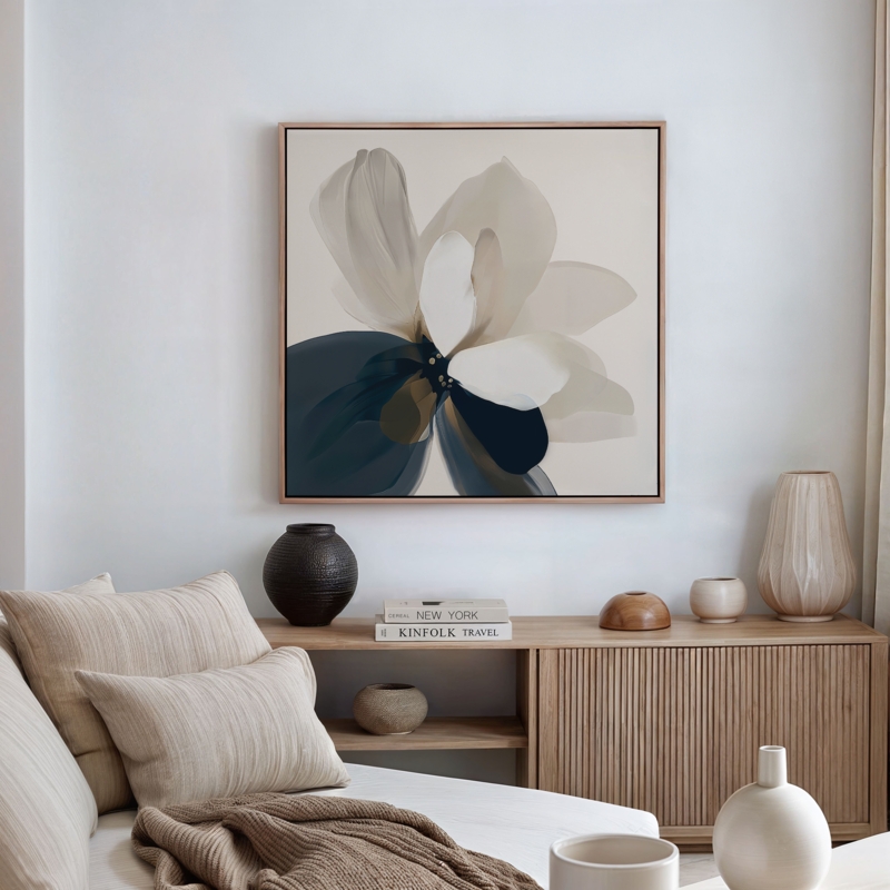 Modern Floral Wall Art Square Frame Navy Blue and Cream Scandinavian
