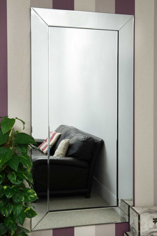 Modern Frameless Full Length Mirror Beveled Edges Faceted Border Decor