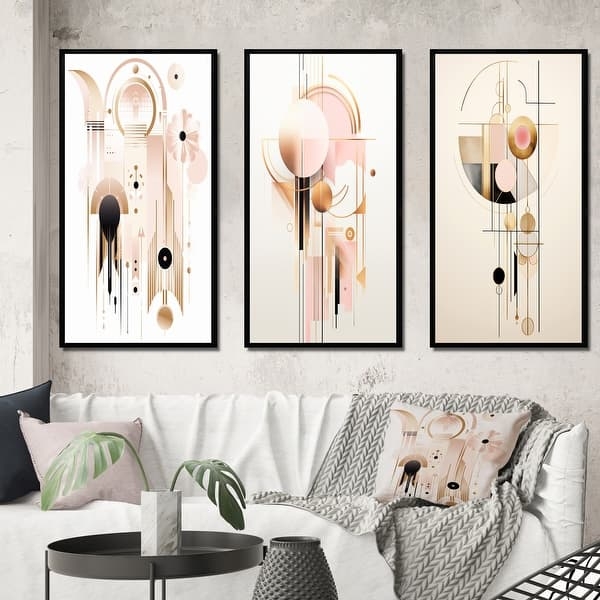 Modern Geometric Wall Art Set, Pink Triptych with Black Frames