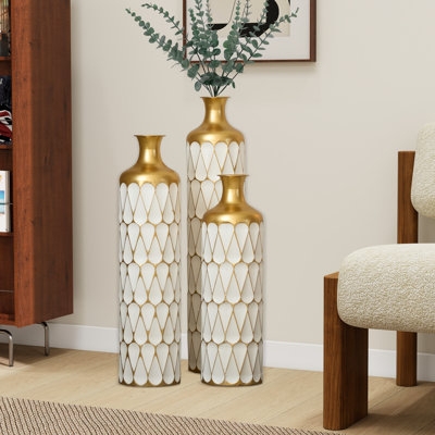 Modern Glam Floor Vases: Metal Set with Raised Geometric Lattice.