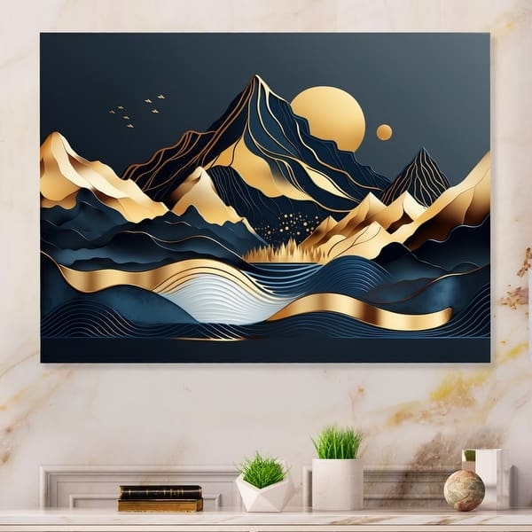 Modern Gold Mountain Wall Art, Navy Blue Abstract Landscape, Metallic