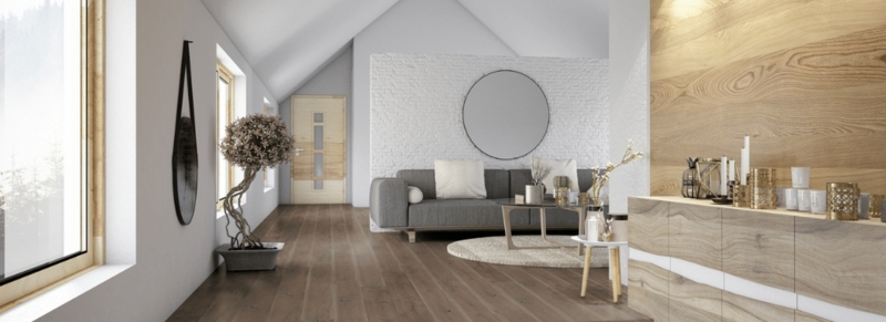 Modern Living Room with Sloped Ceiling and Wide Plank Wood Flooring