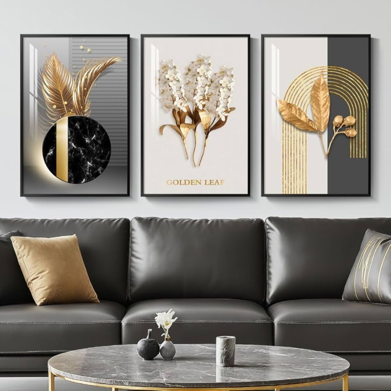 Modern Luxury Wall Art, Gold Foil Botanical Triptych Set