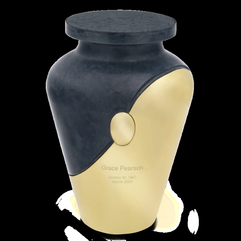 Modern Memorial Urn Bi-Tonal Design Sweeping Curve Stone Metal Contrast