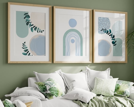 Modern Nordic Wall Art Set with Botanical Geometric Fusion in Sage