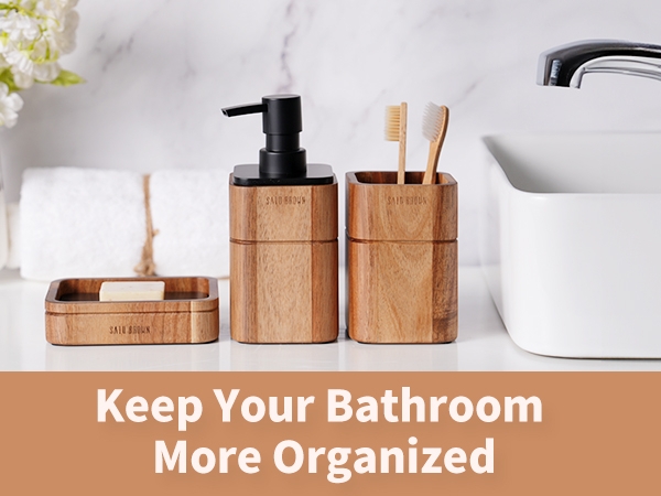 Modern Organic Bathroom Accessory Set, Acacia Wood Toned