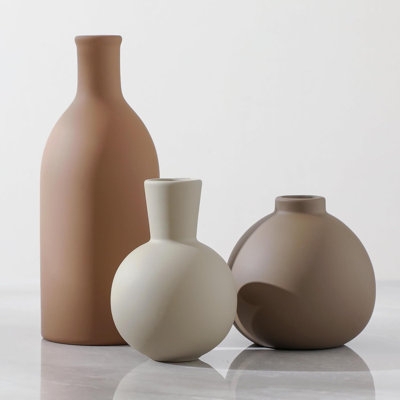 Modern Organic Vase Set of 3 in Matte Tonal Terracotta and Cream