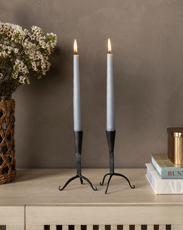 Modern Rustic Light Gray Taper Candles in Forged Metal Tripod Bases