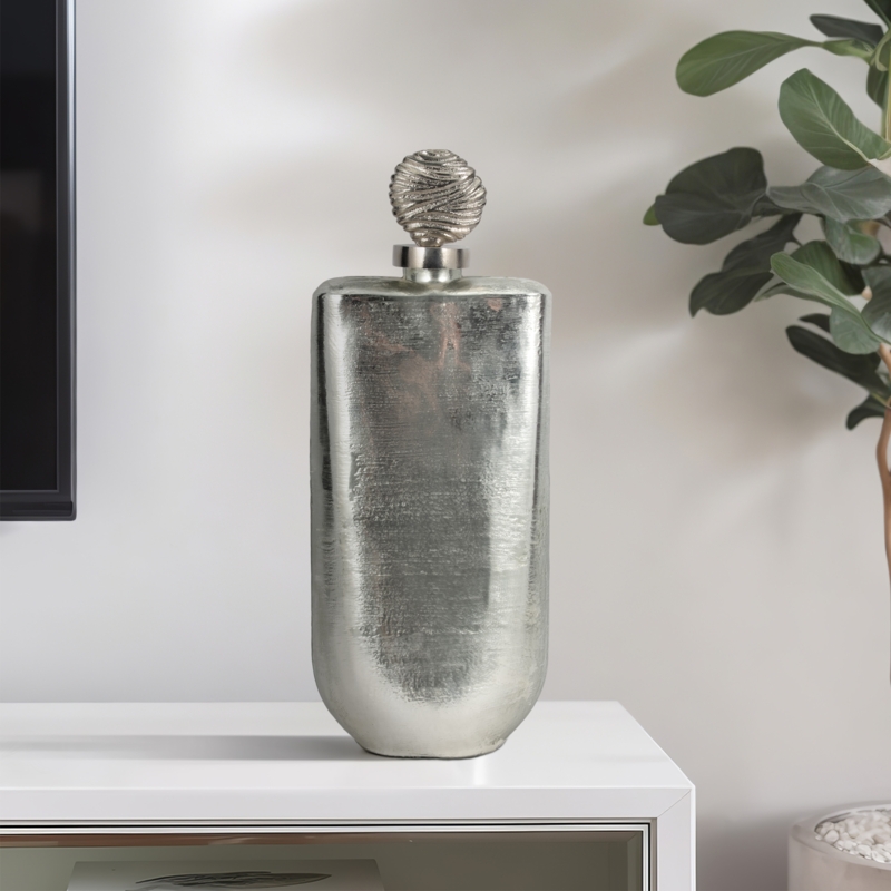 Modern Silver Decorative Bottle: Coiled Stopper, Tall Flattened Cylinder