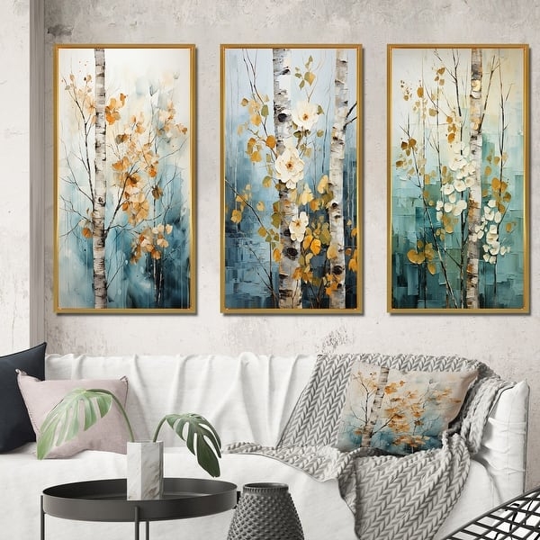 Modern Triptych Wall Art Set, Teal and Gold Birch Tree Motif