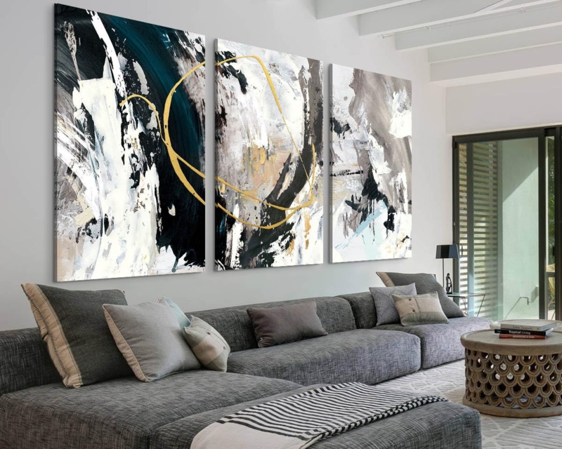 Modern Triptych Wall Decor Set with Black and Gold Accents