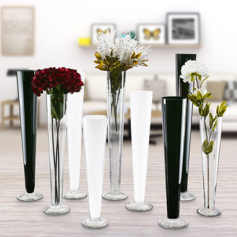 Modern Trumpet Vases, Mixed Black, White, and Clear Glass Set