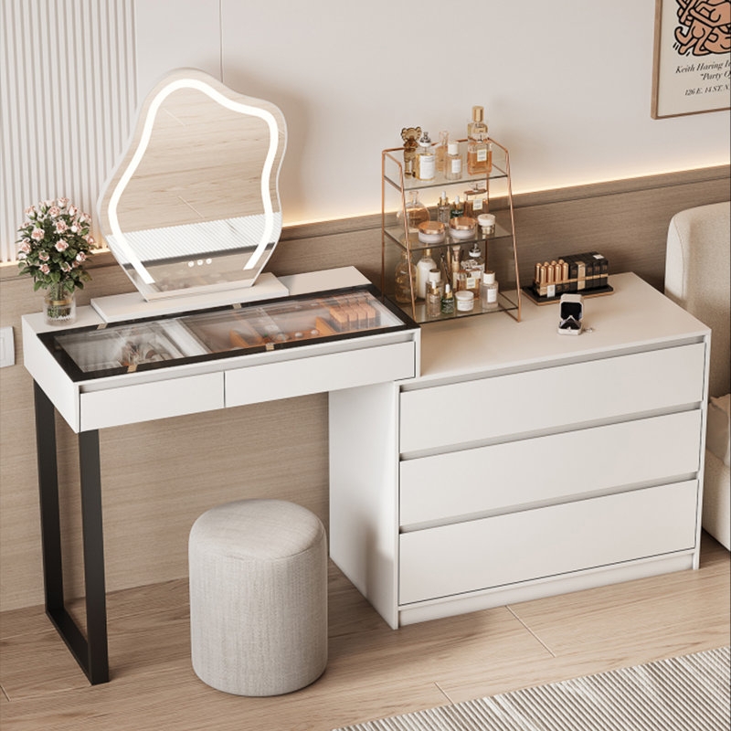 Modern Vanity Desk with Wavy Illuminated Mirror and Integrated Dresser